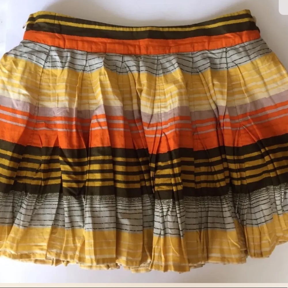 French Connection Women Skirt Full Pleated 100% Cotton 4 Yellow Orange Stripe